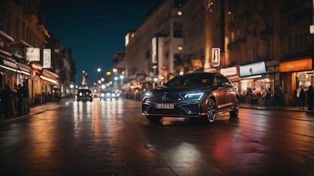 Foto fondo de un coche en las calles de una ciudad iluminada por la noche