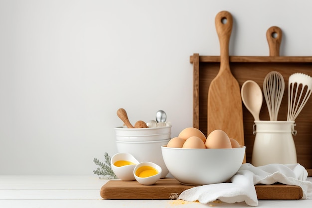 Fondo de cocina para maqueta con cuencos de rodillo de huevos para cocinar y hornear utensilios en la mesa sobre fondo blanco Tablero de shalk para una vista frontal del concepto de decoración de cocina casera de texto