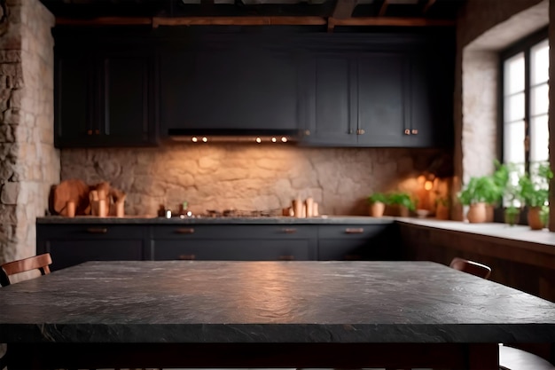 Foto fondo cocina oscura con fondo borroso y mesa de piedra natural mesa de piedra natural