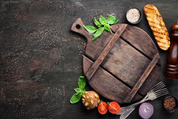 Fondo de cocina y otros ingredientes. Vista superior. Composición plana Lay Espacio de copia libre.