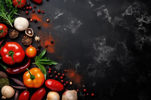 Fondo de cocina de piedra negra con especias, verduras y espacio para texto