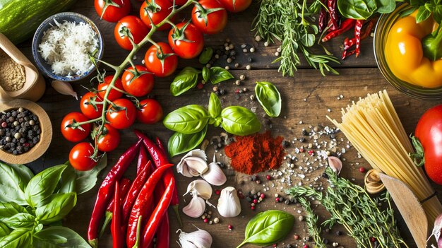 Foto fondo de cocina de piedra negra especias y verduras vista superior ai generative