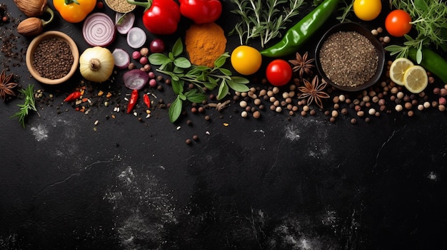 Fondo de cocina de piedra negra Especias y verduras Vista superior IA generativa