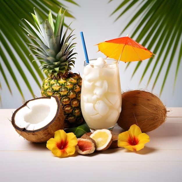 fondo de cóctel de frutas tropicales con piña y coco