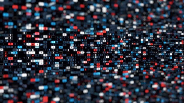 Fondo de codificación de animación de muchos números del espacio digital con matriz vertical de números cambiantes