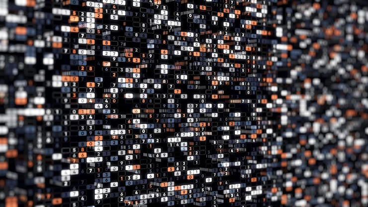 Foto fondo de codificación de animación de muchos números del espacio digital con matriz vertical de números cambiantes