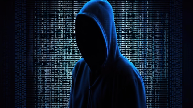 Fondo de código binario de hacker encapuchado Tema de intrusión de ciberseguridad IA generativa