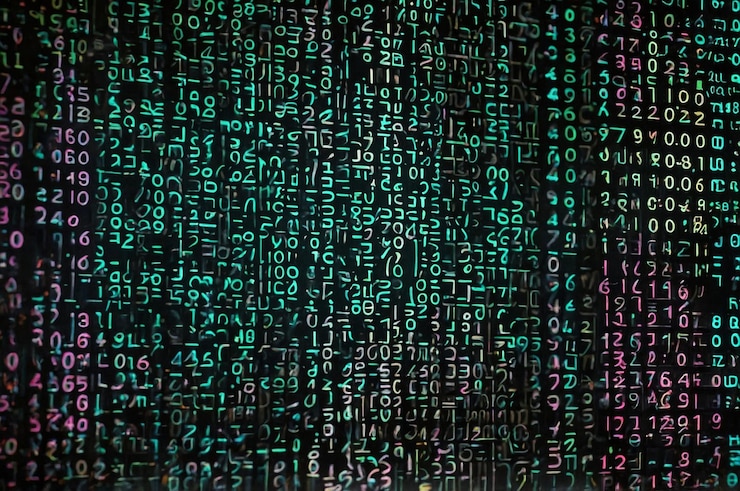 Foto fondo de código de matriz digital con superposiciones tecnológicas