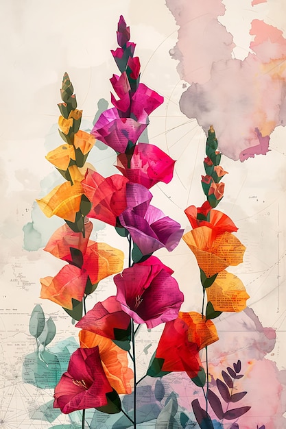 Fondo de collage floral Naturaleza digital y resúmenes botánicos con toque de acuarela