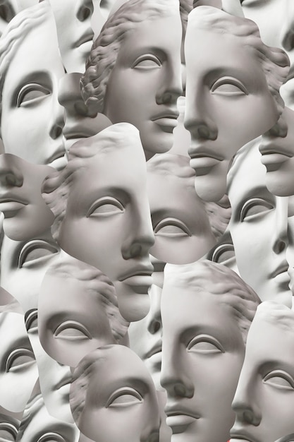 Fondo. Collage con yeso escultura antigua de rostro humano en estilo pop art. Imagen de concepto creativo moderno con cabeza de estatua antigua. Minimalismo funky. Cultura Zine. Textura de arte contemporáneo.