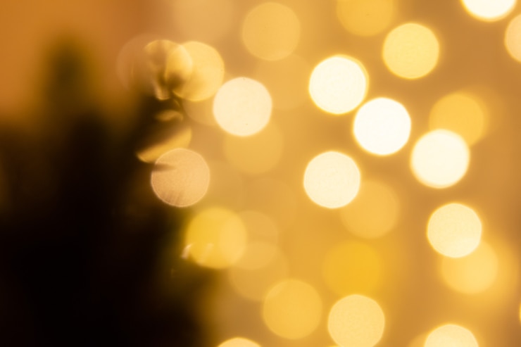 Foto fondo de color cálido fondo bokeh con pinos para decoraciones navideñas