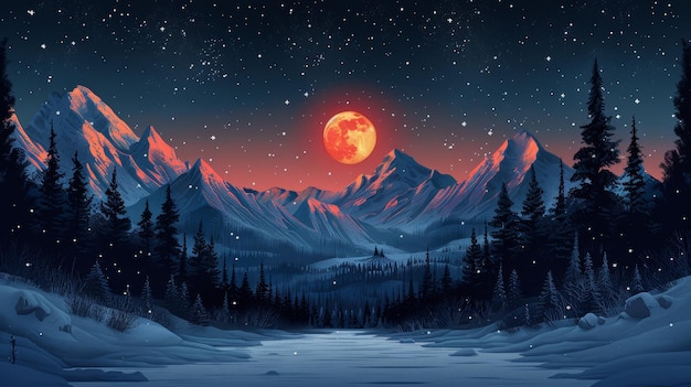 Fondo de color negro con una ilustración de un paisaje de invierno