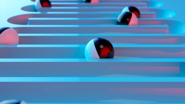 Foto fondo de colores brillantes con bolas rodantes a lo largo de los caminos. bola de plástico rodando en geometría profundizando. ilustración 3d
