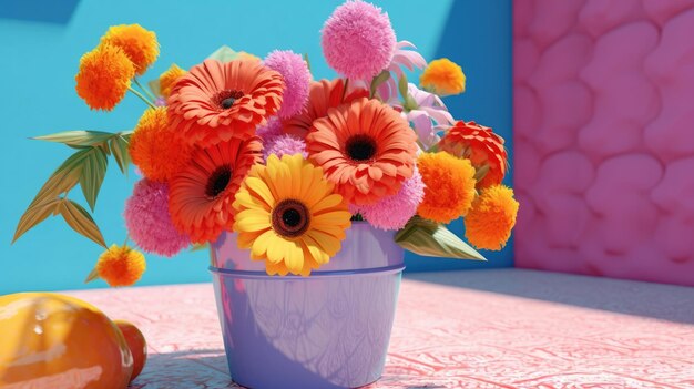Fondo de colores brillantes tropicales con frutas y flores exóticas Concepto de moda minimalista de verano