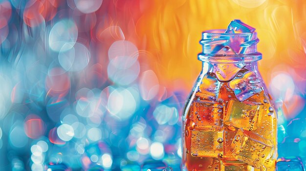 Foto fondo de colores vibrantes con botella de agua con gas y efecto bokeh