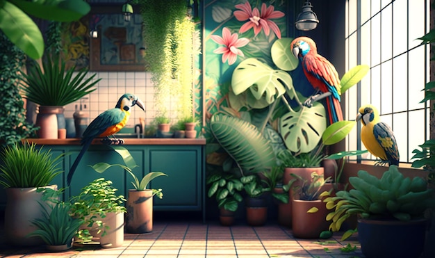 Fondo colorido con abundancia de plantas tropicales y pájaros juguetones