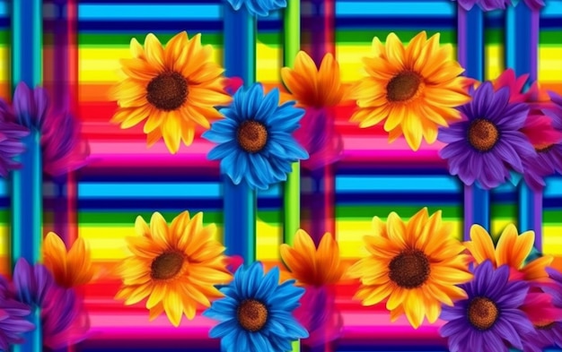 Un fondo colorido con un arco iris y girasoles.