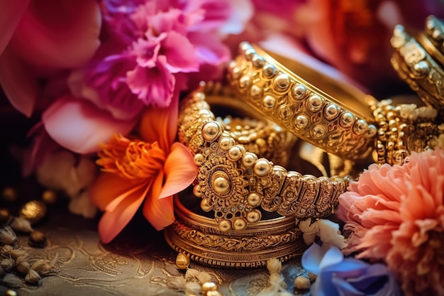 Fondo colorido brillante con un conjunto de flores y joyas en una boda en India IA generativa