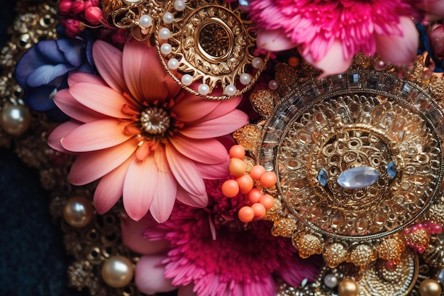 Fondo colorido brillante con un conjunto de flores y joyas en una boda en India IA generativa