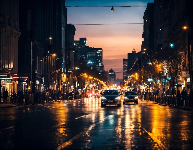 Fondo colorido de la calle nocturna con coches de luz desfocados y farolas de la calle telón de fondo abstracto de bokeh luces borrosas en la vida de la ciudad Concepto de fondos del paisaje urbano para el diseño Copiar espacio de texto