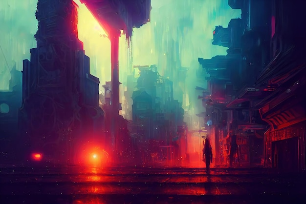 Fondo colorido de la ciudad del metaverso de Cyberpunk Arte conceptual Pintura digital Ilustración de fantasía