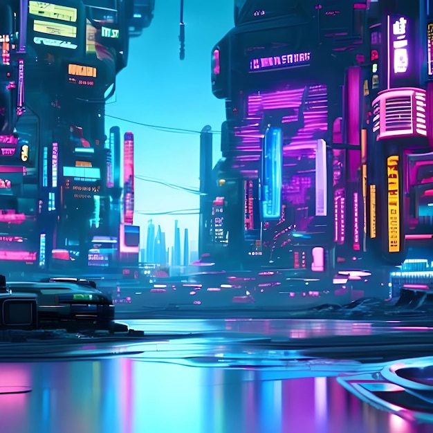 Fondo colorido de la ciudad del metaverso de Cyberpunk Arte conceptual Pintura digital Ilustración de fantasía