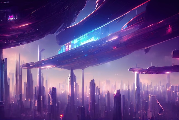 Fondo colorido de la ciudad del metaverso Cyberpunk en estilo anime Arte conceptual Pintura digital Ilustración de fantasía