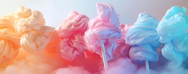 El fondo colorido creado por una fila de múltiples golosinas de algodón de caramelo