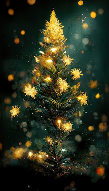 Fondo colorido festivo abstracto con árboles de Navidad y decoraciones de Año Nuevo Fondo dorado para una tarjeta de invierno festiva de Año Nuevo