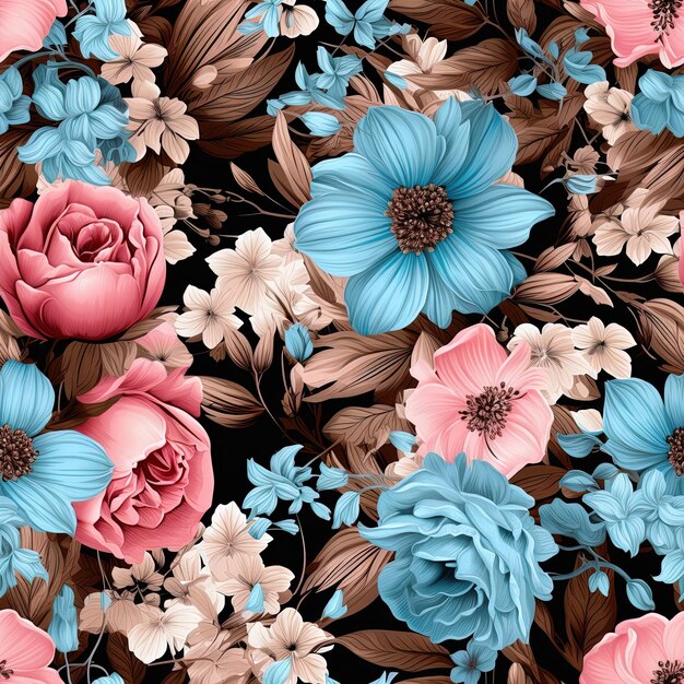 un fondo colorido con flores y hojas y la palabra primavera en azul