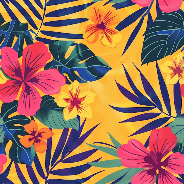 un fondo colorido con flores y hojas tropicales