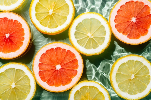 Fondo colorido de frutas cítricas rodajas de pomelo naranja limón en agua salpicando superficie transparente fresca