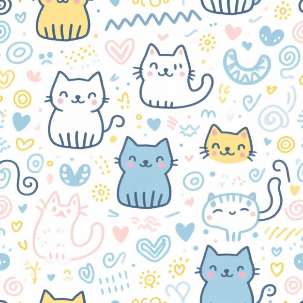 un fondo colorido con gatos y corazones azules y amarillos