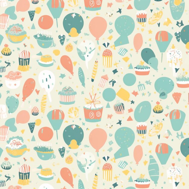 Un fondo colorido con globos y cupcakes.
