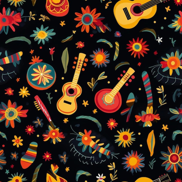 Un fondo colorido con una guitarra colorida y flores.