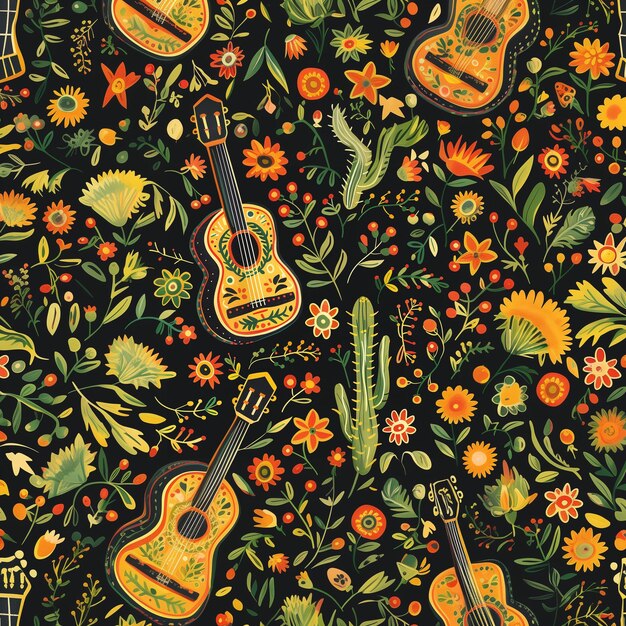 un fondo colorido con una guitarra y flores