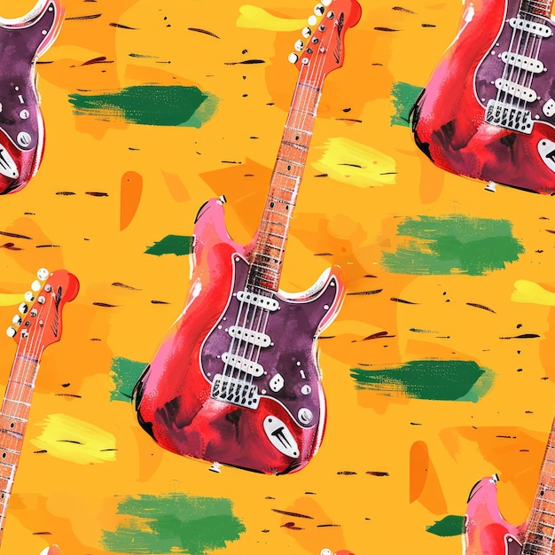 un fondo colorido con una guitarra roja que tiene un cuerpo rojo