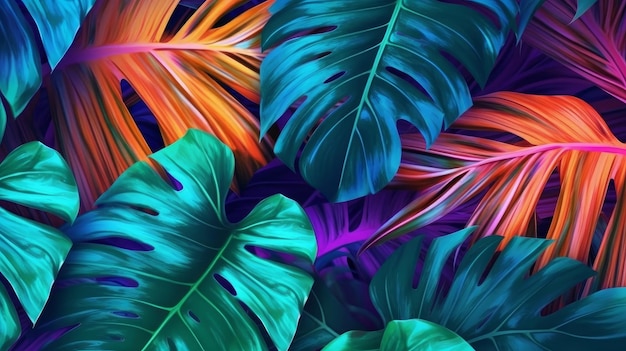 Un fondo colorido con hojas tropicales.