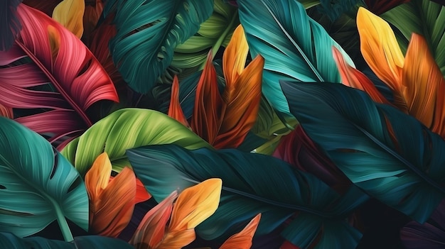 Un fondo colorido con hojas tropicales.