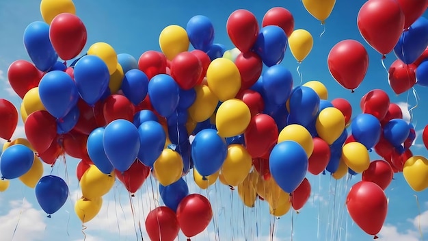 Un fondo colorido con un montón de globos en azul rojo y amarillo.