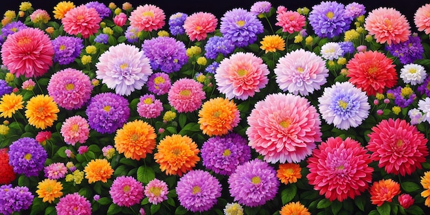 Fondo colorido de muchas flores de colores de diferentes tipos y hojas verdes Ilustración de la naturaleza IA generativa