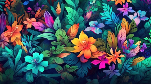 Fondo colorido de muchas flores de colores de diferentes tipos y hojas verdes ilustración de la naturaleza