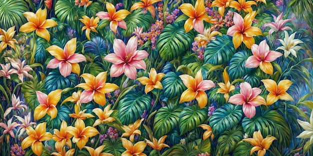 Fondo colorido de muchas flores tropicales exóticas pintadas de diferentes tipos y hojas de palma verde Ilustración de naturaleza prístina de la selva tropical AI generativa