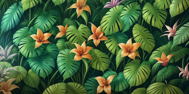 Fondo colorido de muchas flores tropicales exóticas pintadas de diferentes tipos y hojas de palma verde Ilustración de naturaleza prístina de la selva tropical AI generativa