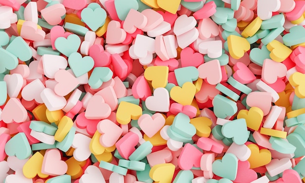 Fondo colorido de muchas pastillas en forma de corazón apiladas