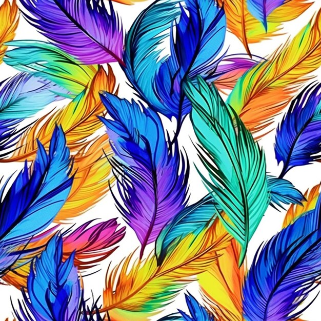 Foto un fondo colorido con muchas plumas de colores ai generativo