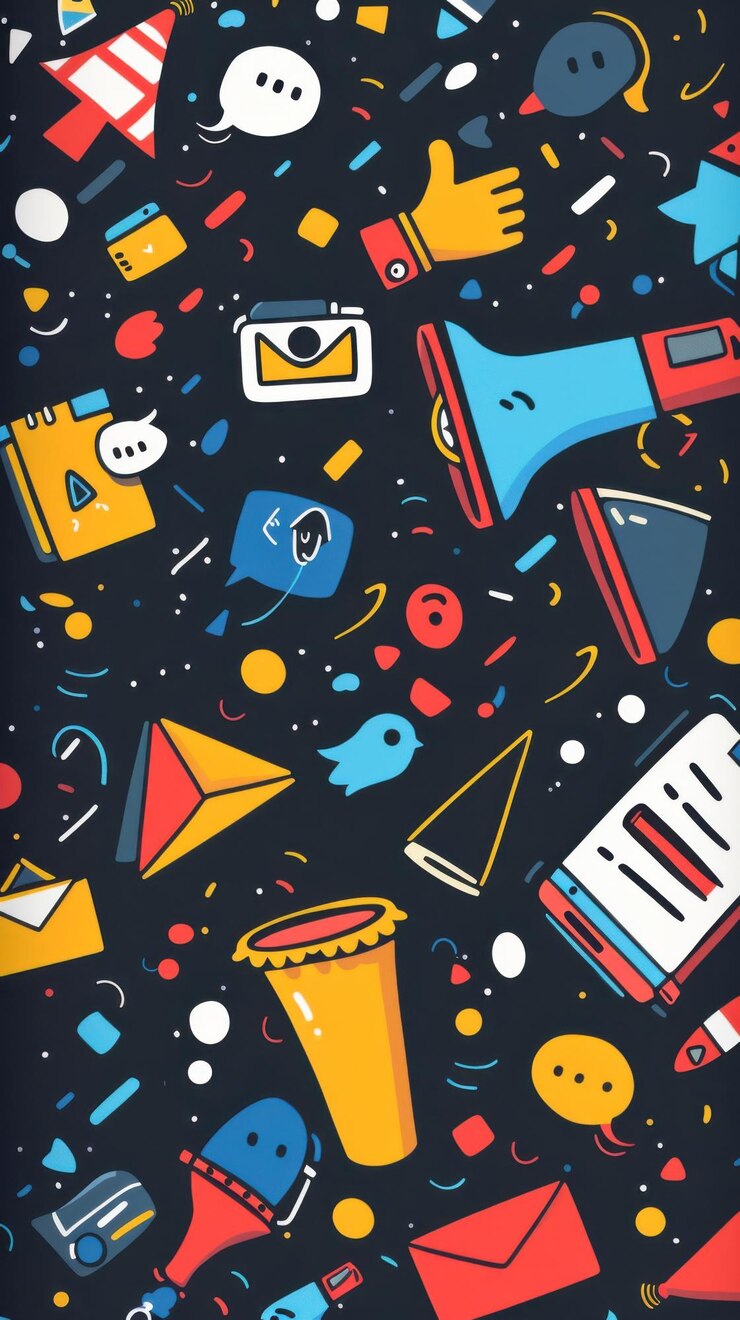 Un fondo colorido y ocupado con varias formas y objetos, incluida una taza