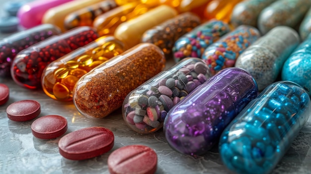 Un fondo colorido de pastillas de medicina y cápsulas de suplementos