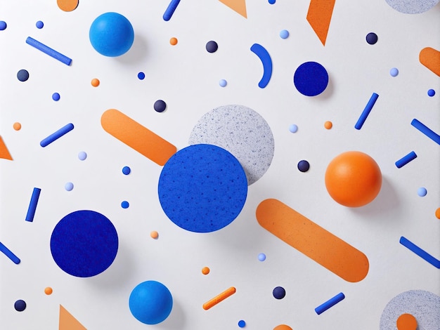 un fondo colorido con un patrón de confeti y círculos naranja y azul