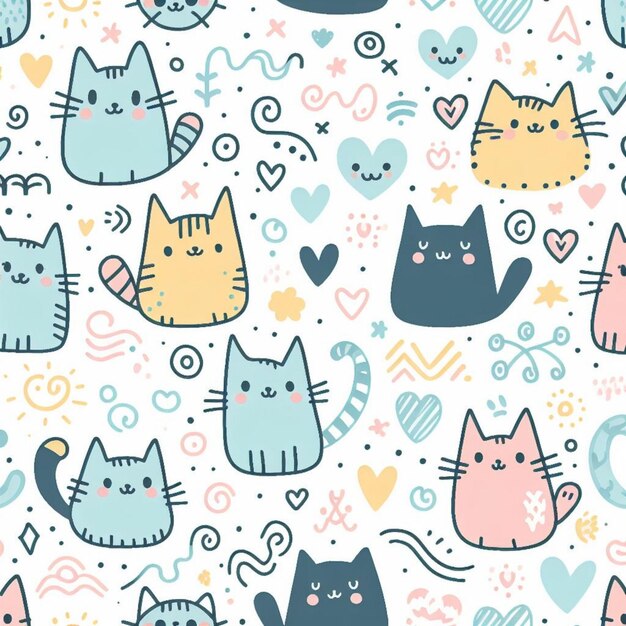 un fondo colorido con un patrón de gatos y corazones